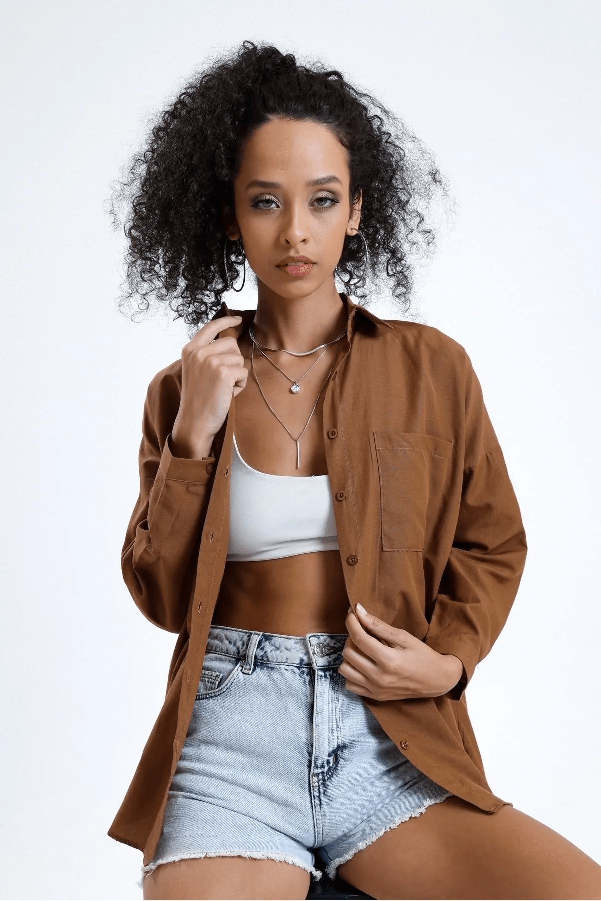 Kadın Kahve Cepli Oversize Uzun Basic Poplin Gömlek Kadın Kahve Cepli Oversize Uzun Basic Poplin Gömlek